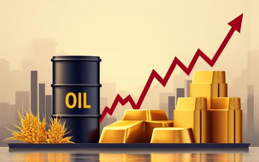 A graphic representing oil barrels and gold bars with price charts.
